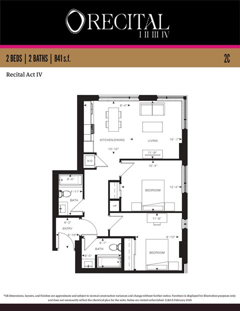 A floor plan for the Recital Act IV, a residential building, showing two bedrooms, two bathrooms, and a living area.